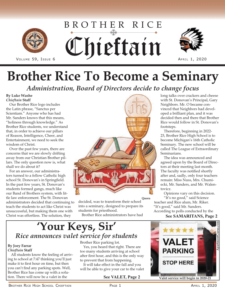 Brother Rice High School private Catholic Bloomfield Hills Mi student newspaper