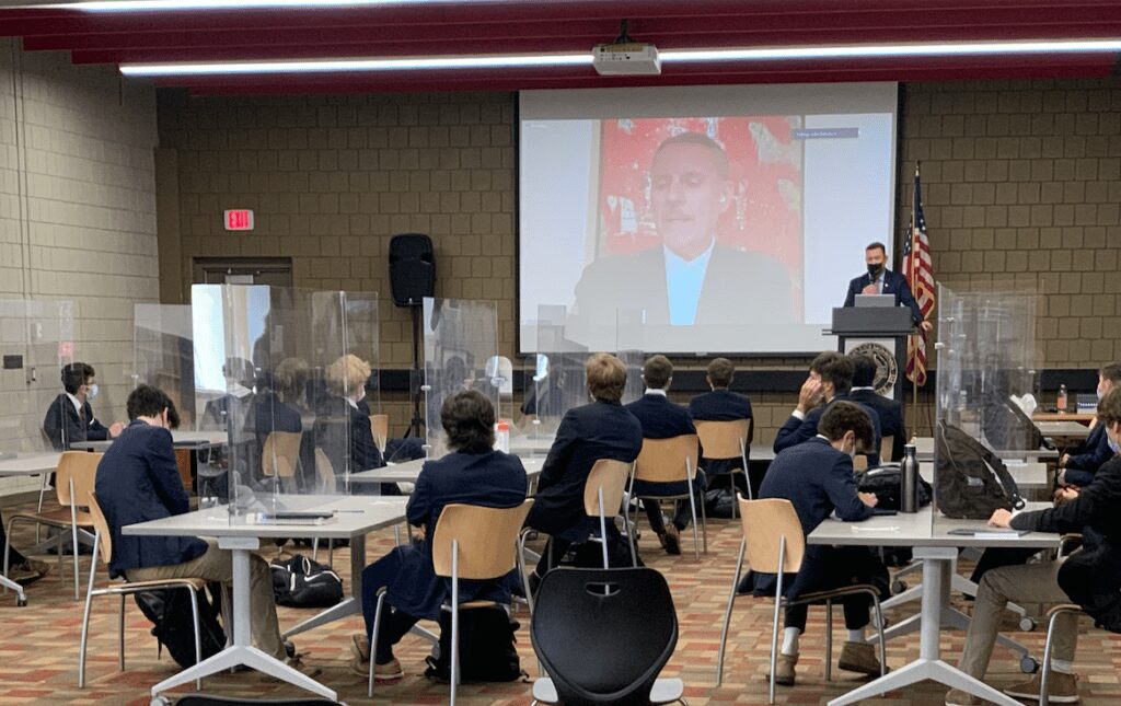 Brother Rice High School private Catholic Bloomfield Hills Mi US Ambassador John Rakolta virtual meeting with students